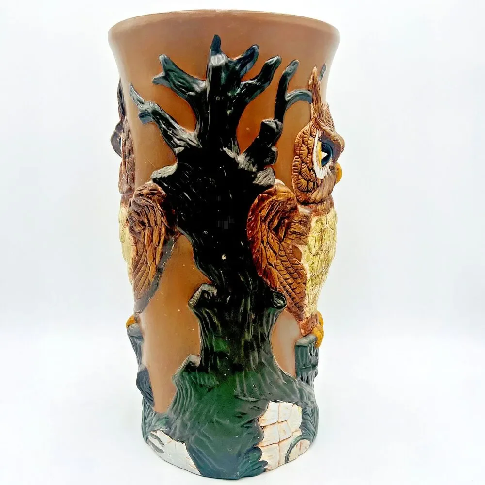 Vtg Ceramic Owl Umbrella Stand Holder 16 inches Floor Vase